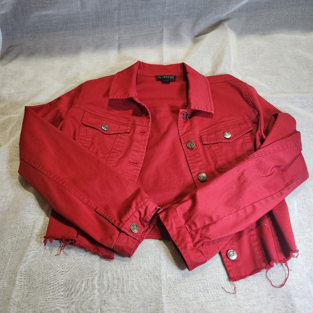 Harolds Red Cropped Jean Jacket distressed bottom